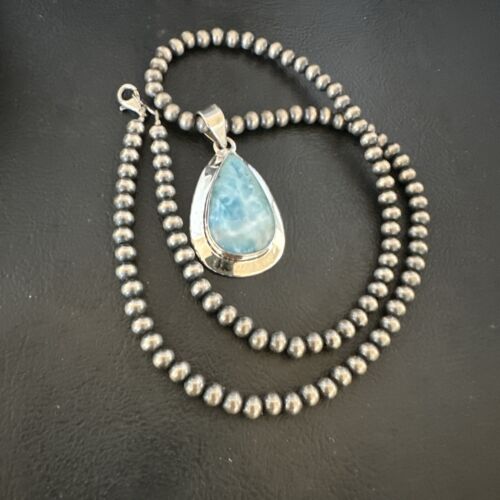 Navajo Blue Larimar Pendant Necklace | Sterling Silver Beads | Authentic Native American Handmade | 16962