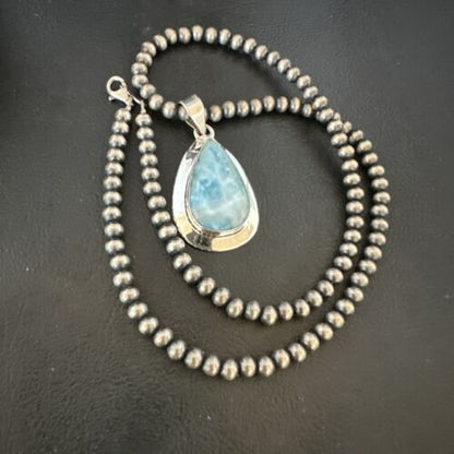 Navajo Blue Larimar Pendant Necklace | Sterling Silver Beads | Authentic Native American Handmade | 16962