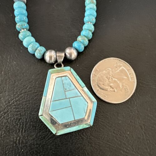 Navajo Turquoise Inlay Pendant Necklace | Sterling Silver | Authentic Native American Handmade | 17077