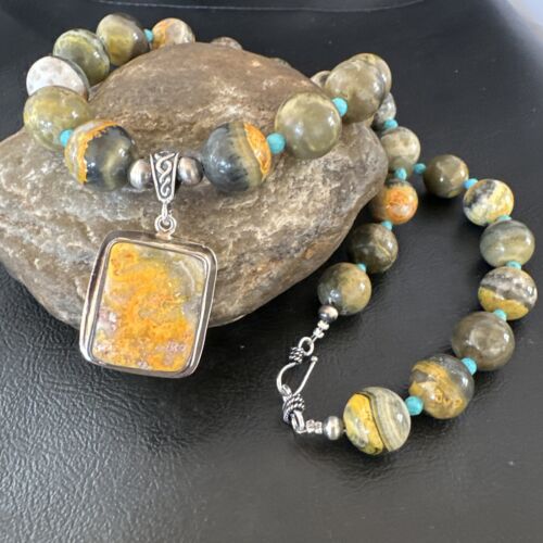 Bumblebee Jasper Pendant | Turquoise Bead | Navajo Sterling Silver Necklace 21" | 15910