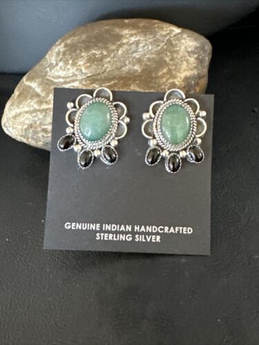 Navajo Black Onyx Green Jade Earrings | Sterling Silver | 1" | Authentic Native American Handmade | 15333
