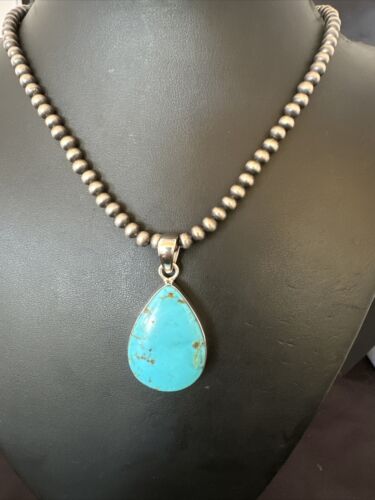 Blue Kingman Turquoise Pendant | Navajo Pearls | Sterling Silver Necklace 20" | 16672