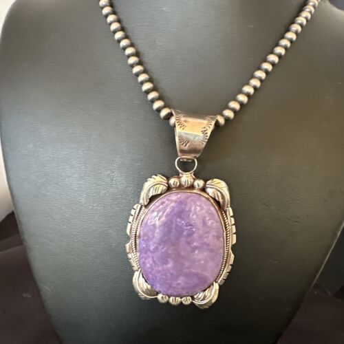 Navajo Purple Charoite Pendant with Pearls | Sterling Silver Necklace | Authentic Native American Handmade | 16653