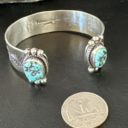 Kingman Turquoise Stamped Cuff Bracelet | Navajo Sterling Silver | Authentic Native American Handmade | 17461