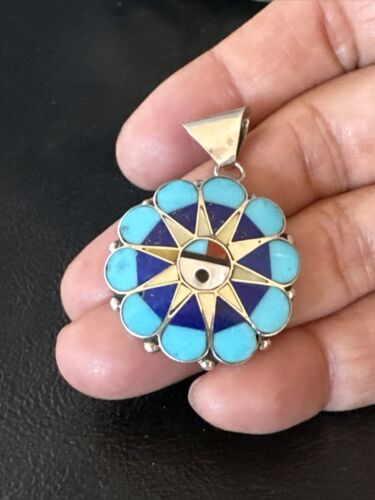 Zuni Sun Face Pendant | Turquoise, Mother of Pearl, Onyx Inlay | Sterling Silver | Native American Handmade | 15179