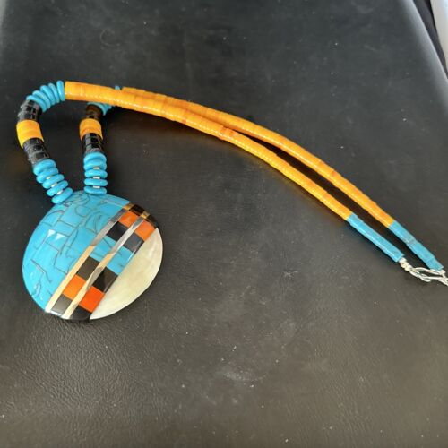 Santo Domingo Shell Turquoise Spiny Inlay Necklace | Sterling Silver | 22" | Authentic Native American Handmade | 15321