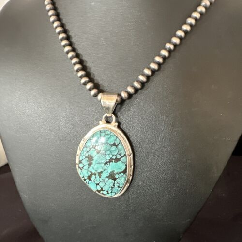 Men's Navajo Blue Spiderweb Turquoise Pendant Necklace | Sterling Silver | Authentic Native American Handmade | 16198