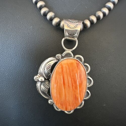 Navajo Orange Spiny Oyster Pendant Necklace | Sterling Silver | Authentic Native American Handmade | 15628