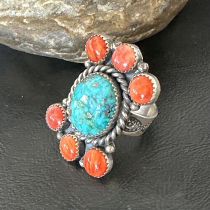 Navajo Turquoise & Spiny Oyster Cluster Ring | Authentic Native American Sterling Silver | Multi-Stone | Sz 8 | 16330