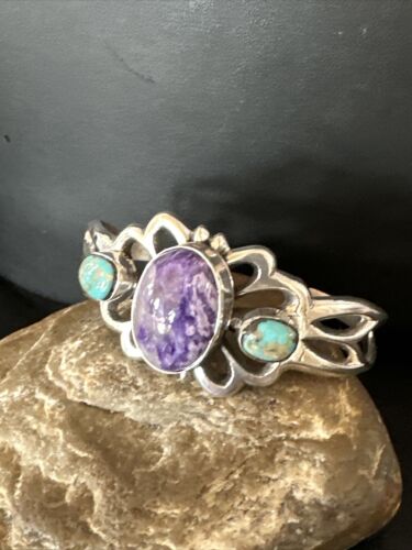 Navajo Kingman Turquoise Charoite Cuff Bracelet | Sterling Silver Tufa Cast | Authentic Native American Handmade | 16786