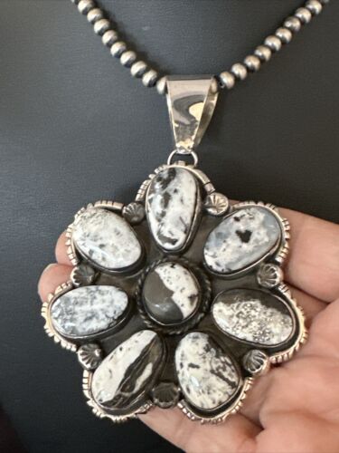 XL Cluster Navajo White Buffalo Turquoise Sterling Necklace Pendant | Multi-Stone | 14897