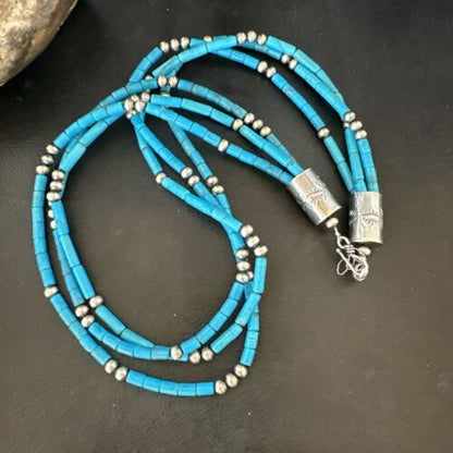 Navajo Blue Turquoise Tube Necklace | Sterling Silver | 22" | Authentic Native American Handmade | 17553