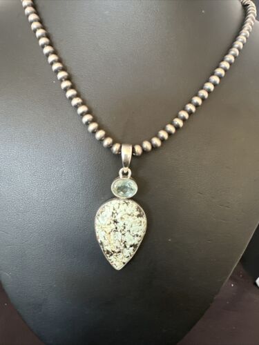 Navajo Dry Creek Turquoise Topaz Pendant Necklace | Sterling Silver | Authentic Native American Handmade | 16443