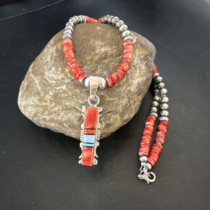 Navajo Red Spiny Oyster Opal Pendant Necklace | Sterling Silver Inlay | Authentic Native American Handmade | 16885