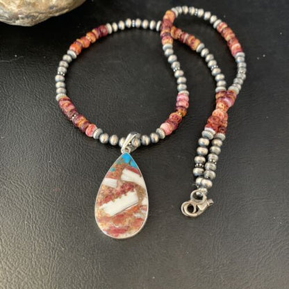 Navajo Pearls Turquoise & Spiny Oyster Pendant Necklace | Sterling Silver | 20" | Authentic Native American Handmade | 13872