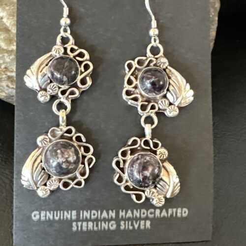 Navajo Purple Sugilite Dangle Earrings | Sterling Silver | 2" | Authentic Native American Handmade | 15692