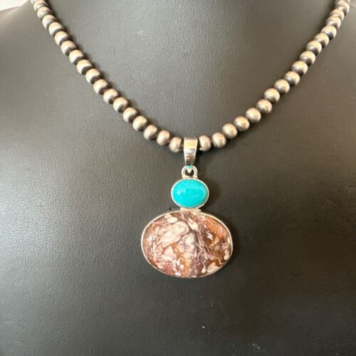 Navajo Wild Horse | Blue Kingman Turquoise Necklace | Sterling Silver | Authentic Native American Handmade | 17339