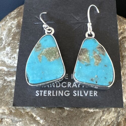 Navajo Blue Turquoise Dangle Earrings | Sterling Silver | Authentic Native American Handmade | 15438