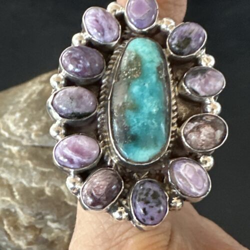 Navajo Kingman Turquoise Charoite Ring | Authentic Native American Sterling Silver | Multi-Stone | Sz 10 | 17181