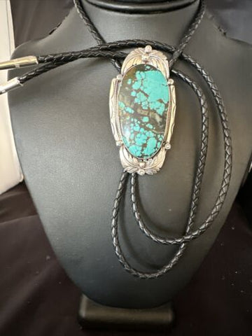 Mens Blue Spider Web Turquoise Navajo Sterling Silver Bolo Tie 15010