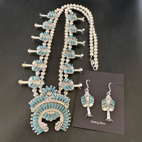 Zuni Turquoise Squash Blossom Necklace with Naja Earrings | Sterling Silver Needlepoint | 16540