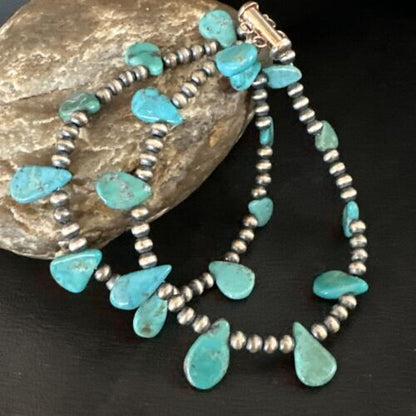 Navajo Pearls Sterling Silver Blue Turquoise Teardrop Bracelet | 2-Strand | 8" | 15246