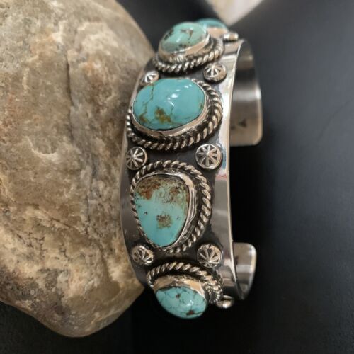 Navajo Blue Royston Turquoise 5 Stone Cuff Bracelet | Sterling Silver | Authentic Native American Handmade | 01383