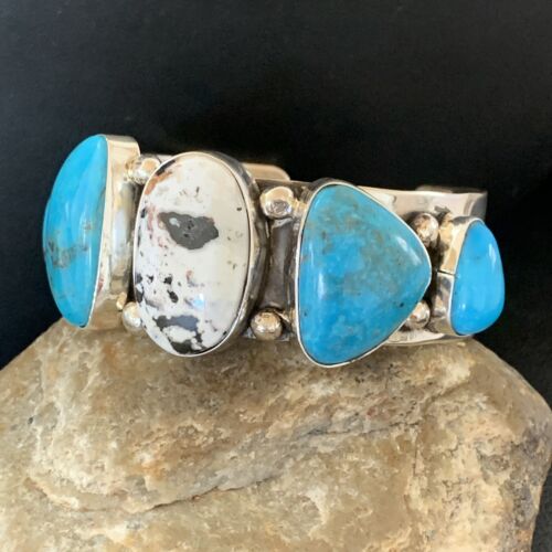 Navajo Kingman White Buffalo Turquoise Row Cuff Bracelet | Sterling Silver | Authentic Native American Handmade