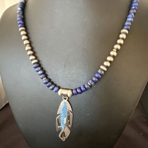 Navajo Blue Denim Lapis Feather Pendant Necklace | Sterling Silver Inlay | Authentic Native American Handmade | 16767