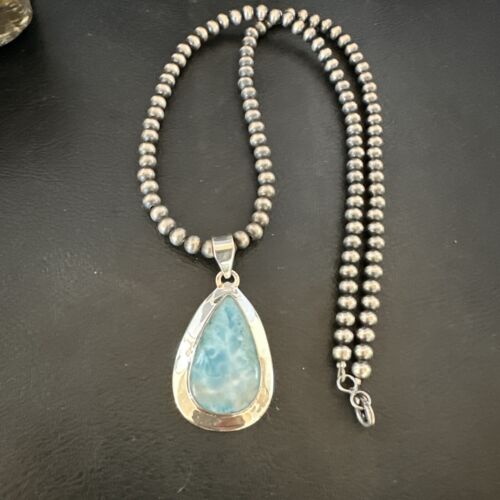 Navajo Blue Larimar Pendant Necklace | Sterling Silver Beads | Authentic Native American Handmade | 16962