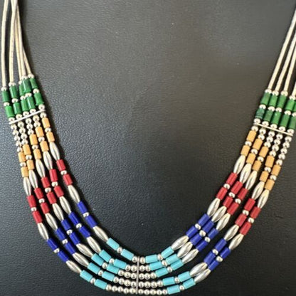 Multicolor Lapis Coral Heishi Liquid Sterling Silver Necklace | 5 Strand | 20" | 15886