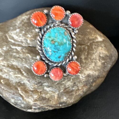 Navajo Turquoise & Spiny Oyster Cluster Ring | Authentic Native American Sterling Silver | Multi-Stone | Sz 8 | 16330