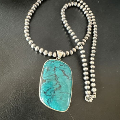 Men's Navajo Blue Spiderweb Turquoise Pendant Necklace | Sterling Silver | Authentic Native American Handmade | 16209