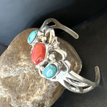 Kingman Turquoise Coral Cuff Bracelet | Navajo Tufa Cast | Sterling Silver | Authentic Native American Handmade | 16406