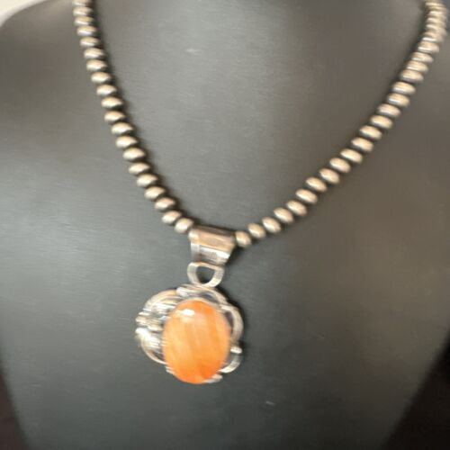 Navajo Orange Spiny Oyster Pendant Necklace | Sterling Silver | Authentic Native American Handmade | 15629