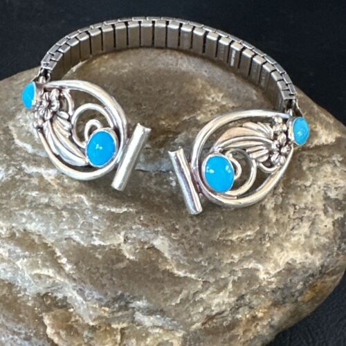 Navajo Blue Turquoise Watch Tips | Sterling Silver | Authentic Native American Old Pawn Jewelry | 15455