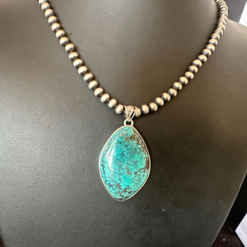 Men's Navajo Blue Spiderweb Turquoise Pendant Necklace | Sterling Silver | Authentic Native American Handmade | 16271