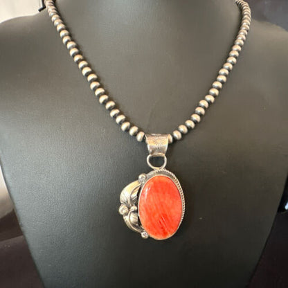 Navajo Red Spiny Oyster Pendant Necklace | Sterling Silver | Authentic Native American Handmade | 15633
