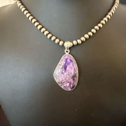 Navajo Purple Charoite Pendant with Pearls | Sterling Silver Necklace | Authentic Native American Handmade | 17312