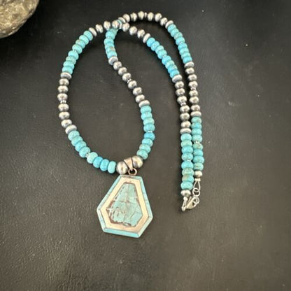 Navajo Turquoise Inlay Pendant Necklace | Sterling Silver | Authentic Native American Handmade | 17078