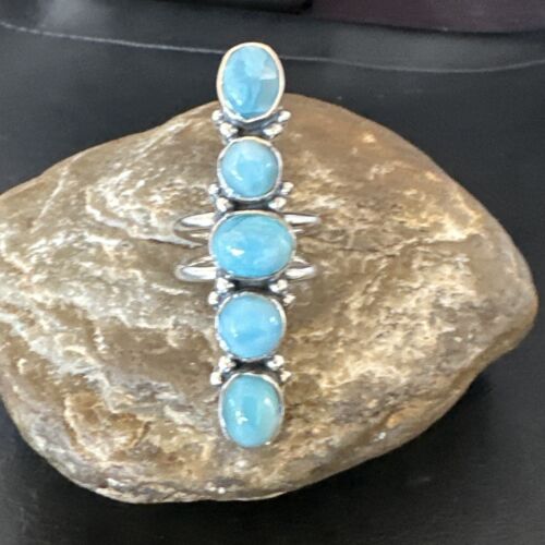 Navajo Women's Cluster Blue Larimar Ring | Authentic Native American Sterling Silver | Multi-Stone | Sz 7.5 | 15953