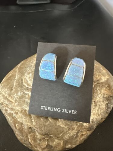 Navajo Blue Opal Inlay Post Earrings | Sterling Silver | Authentic Native American Handmade | 16949