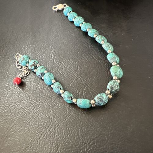 Southwestern Blue Turquoise Bead Link Bracelet | Sterling Silver | 8" | 17231