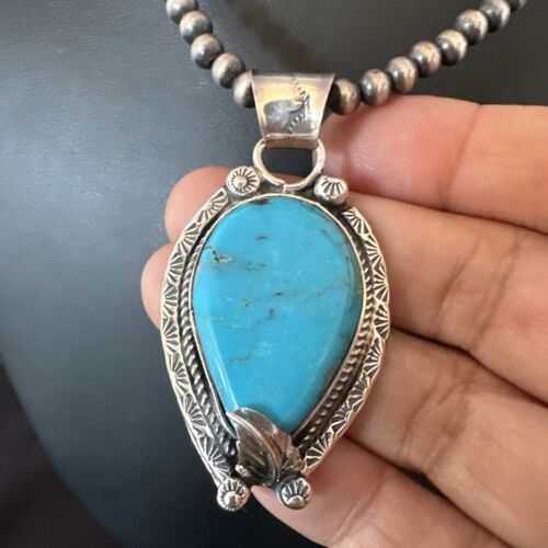 Navajo Blue Turquoise Pendant Necklace | Sterling Silver Pearls | Authentic Native American Handmade | 15645