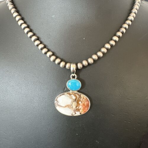 Navajo Wild Horse | Blue Kingman Turquoise Necklace | Sterling Silver | Authentic Native American Handmade | 17341