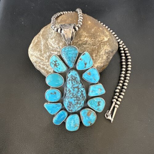 Navajo Blue Kingman Turquoise Cluster Pendant Necklace | Sterling Silver | Authentic Native American Handmade | 16795