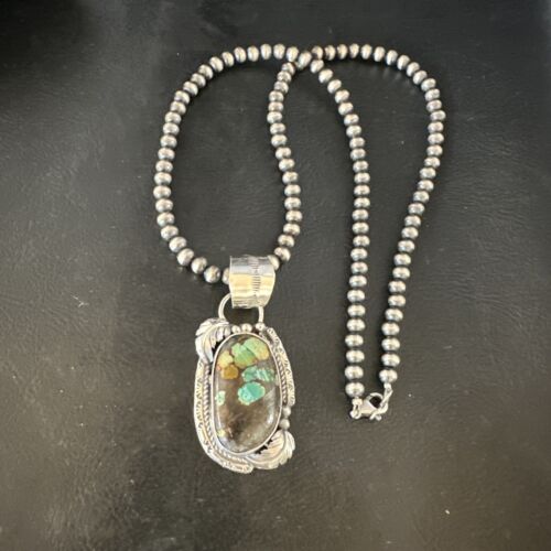 Navajo Blue Spiderweb Turquoise Pendant | Sterling Silver Necklace | 18" Pearls | 15093