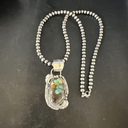 Navajo Blue Spiderweb Turquoise Pendant | Sterling Silver Necklace | 18" Pearls | 15093