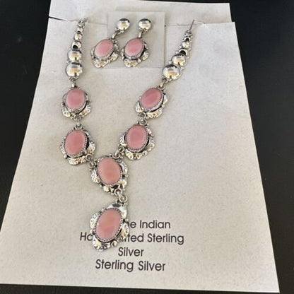 Navajo Pink Conch Choker Necklace | Sterling Silver Pendant 18" | Earrings Set | Authentic Native American Handmade