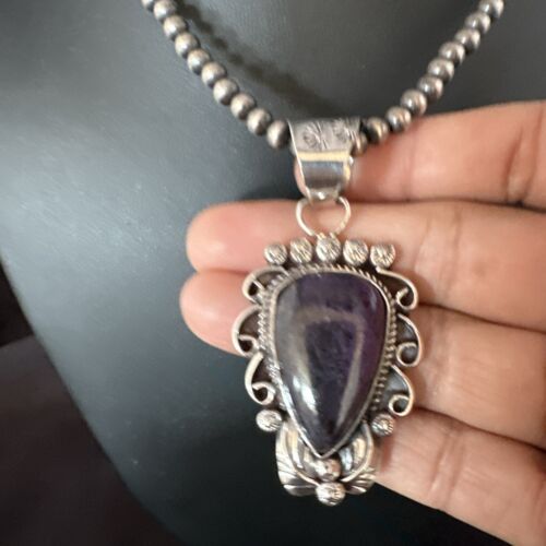 Navajo Pearls Purple Sugilite Pendant Necklace | Sterling Silver Beads | Authentic Native American Handmade | 15375